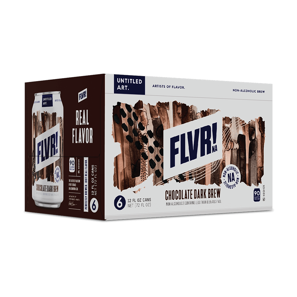 A 6-pack carton of Untitled Art FLVR! NA Chocolate Dark Brew non-alcoholic beer