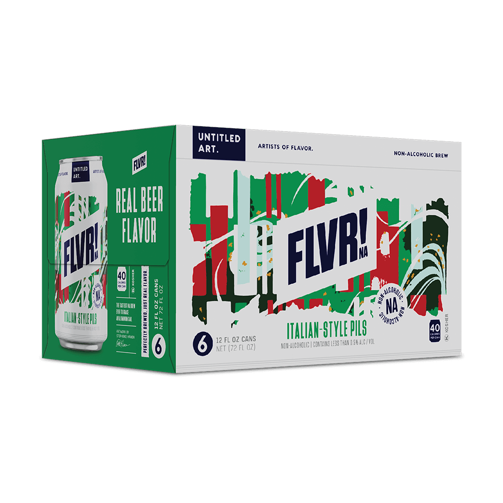 A 6-pack carton of Untitled Art FLVR! NA Italian-style Pils non-alcoholic beer