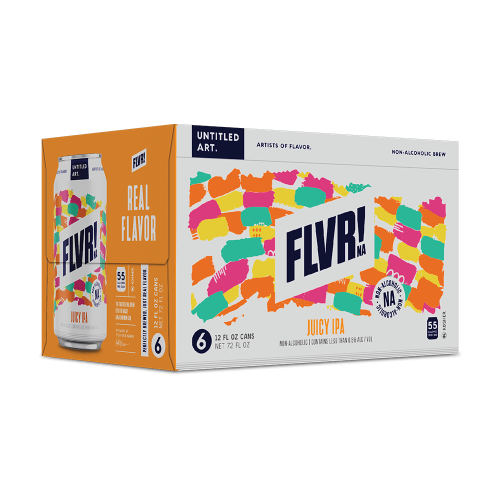 A 6-pack carton of Untitled Art FLVR! NA Juicy IPA non-alcoholic beer