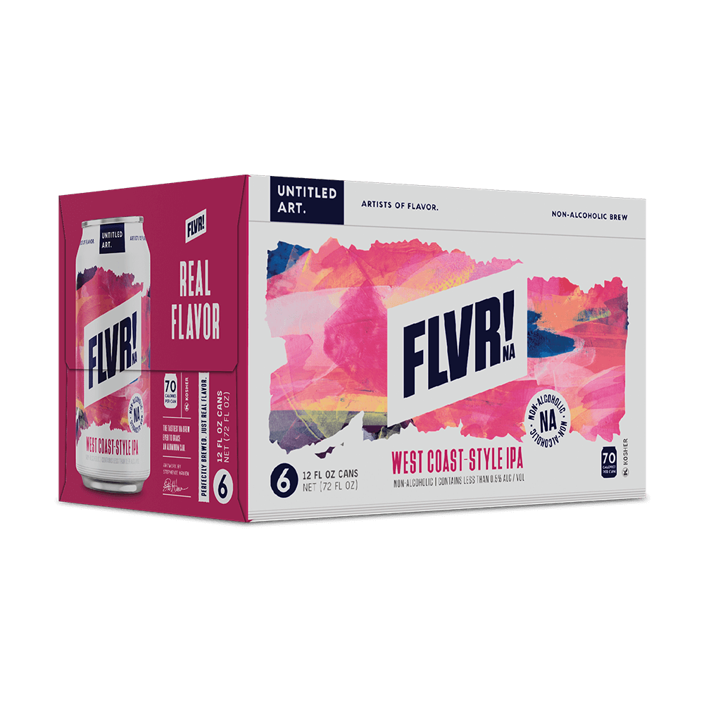 A 6-pack carton of Untitled Art FLVR! NA West Coast-Style IPA non-alcoholic beer