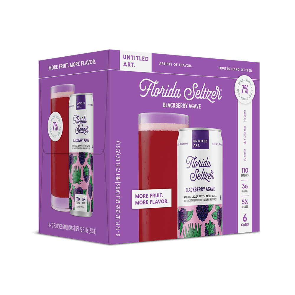 A 6-pack carton of Untitled Art Florida Seltzer Blackberry Agave Hard Seltzer