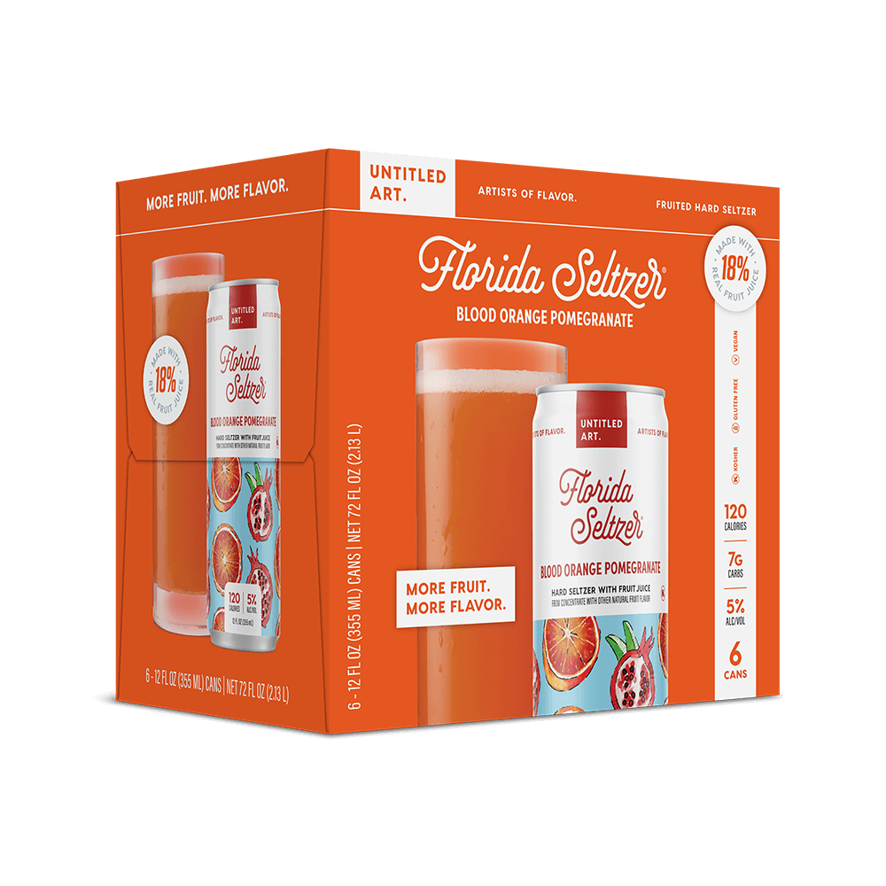 A 6-pack carton of Untitled Art Florida Seltzer Blood Orange Pomegranate Seltzer