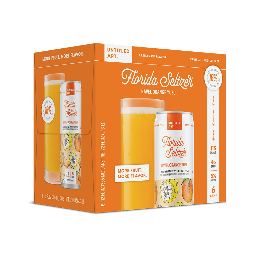 A 6-pack carton of Untitled Art Florida Seltzer Navel Orange Yuzu Seltzer