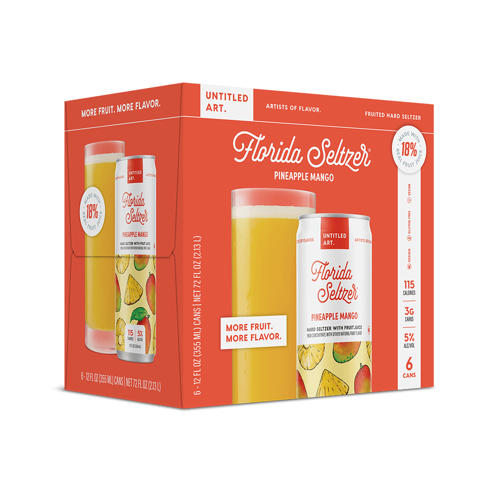 A 6-pack carton of Untitled Art Florida Seltzer Pineapple Mango Hard Seltzer