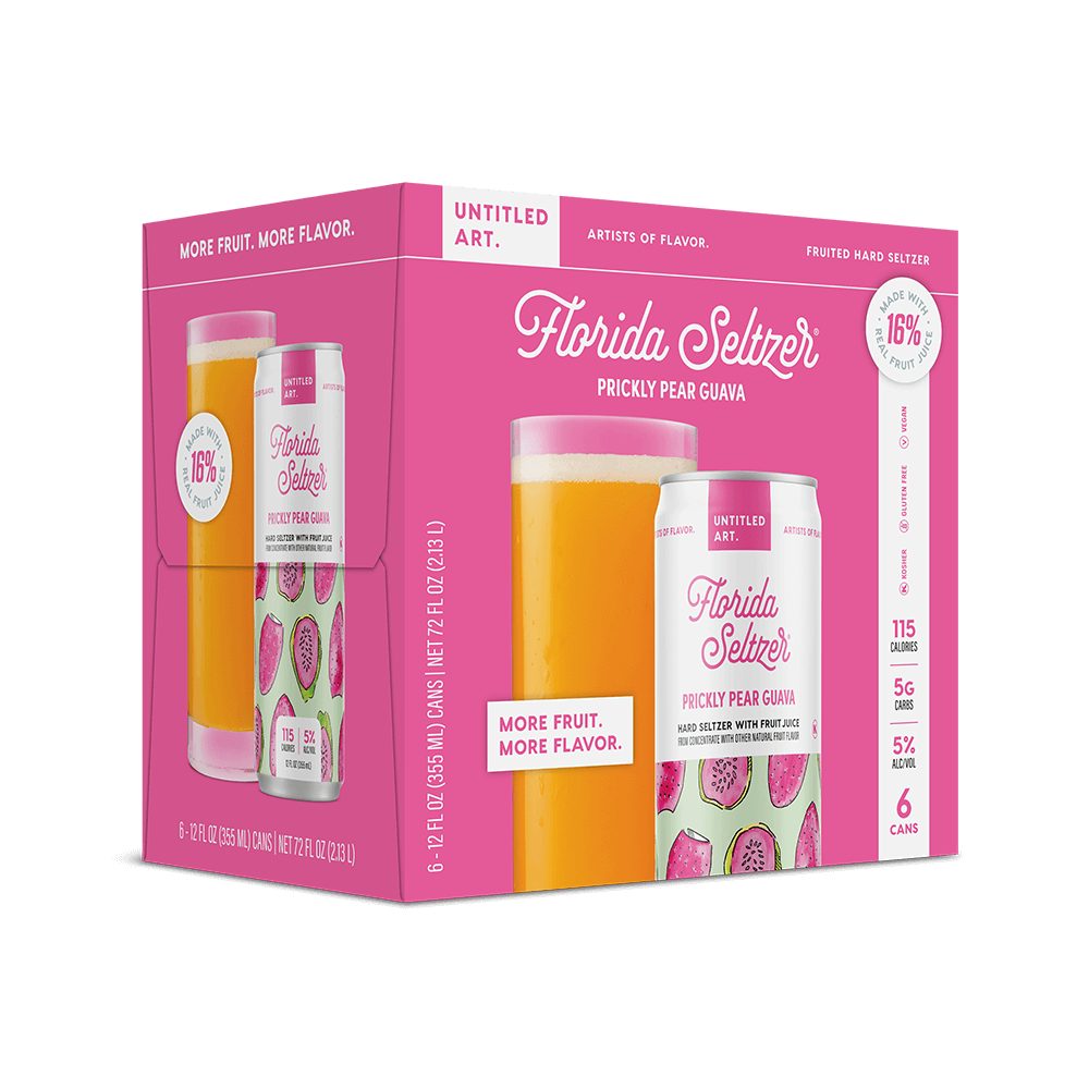 A 6-pack carton of Untitled Art Florida Seltzer Prickly Pear Guava Seltzer