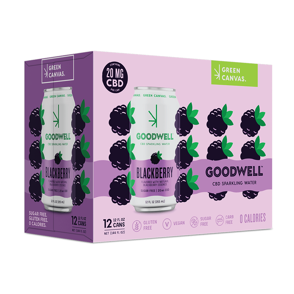 A 12-pack carton of Untitled Art Goodwell Blackberry CBD Sparkling Water