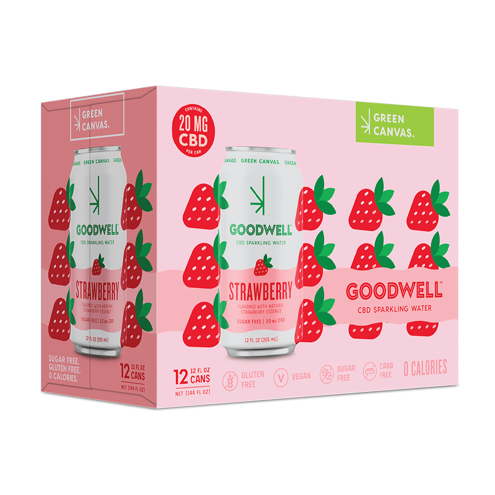 A 12-pack carton of Untitled Art Goodwell Strawberry CBD Sparkling Water