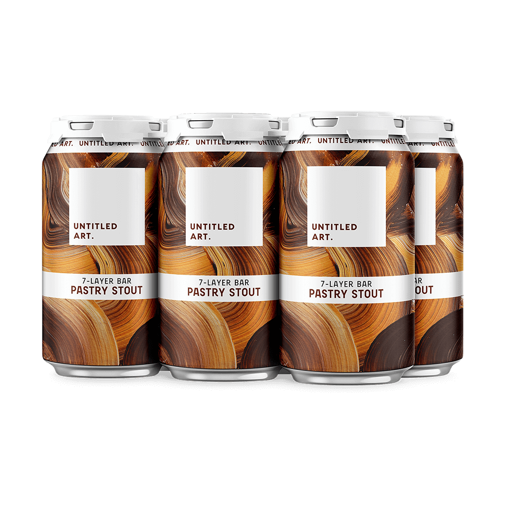 A 6-pack of Untitled Art 7-Layer Bar Pastry Stout Beer Cans