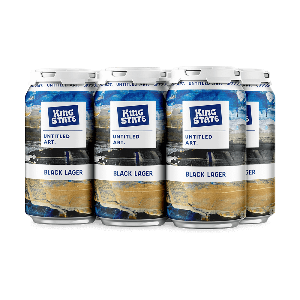 A 6-pack of Untitled Art and King State Black Lager Beer Cans