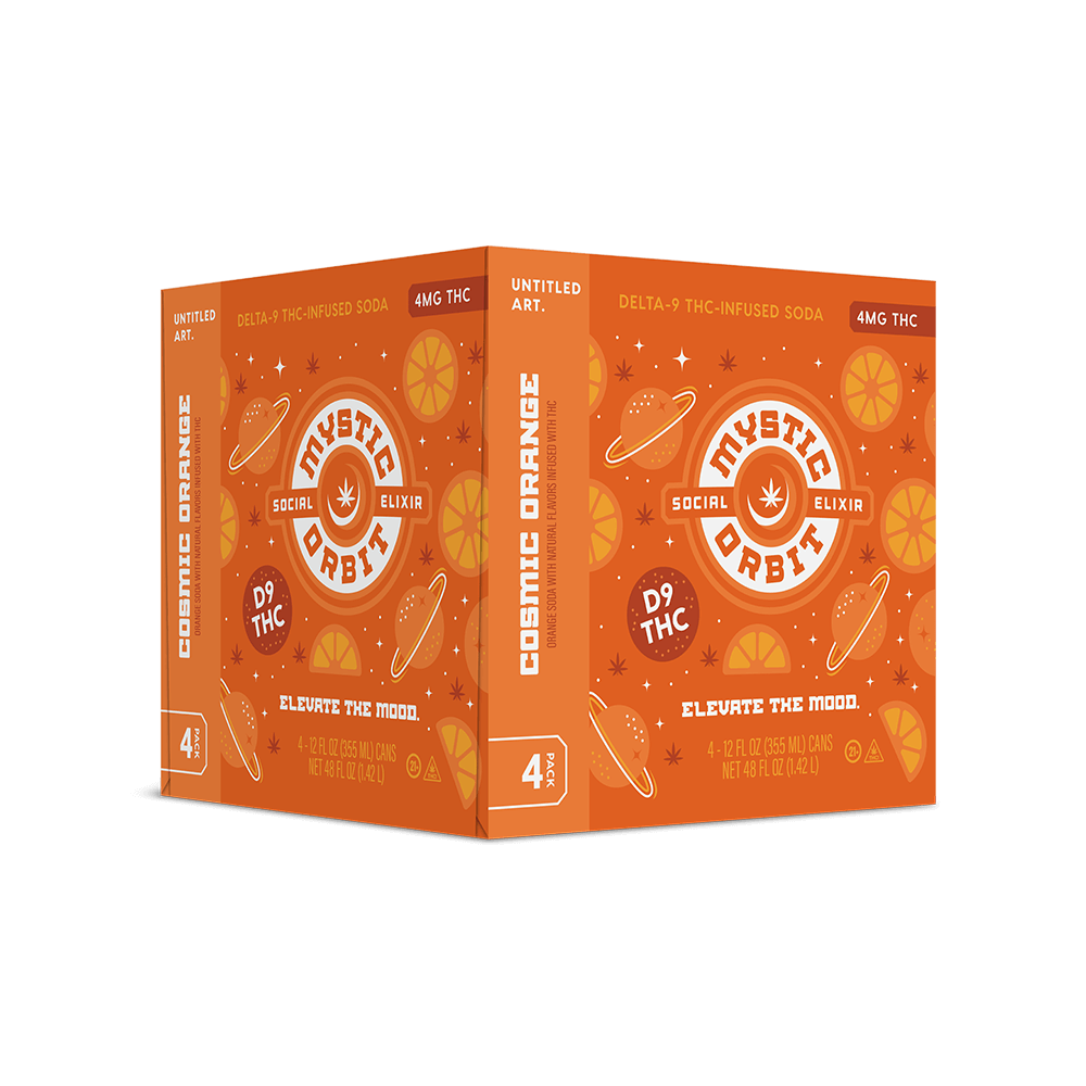 A 4-pack carton of Untitled Art Mystic Orbit Cosmic Orange D9 THC Soda
