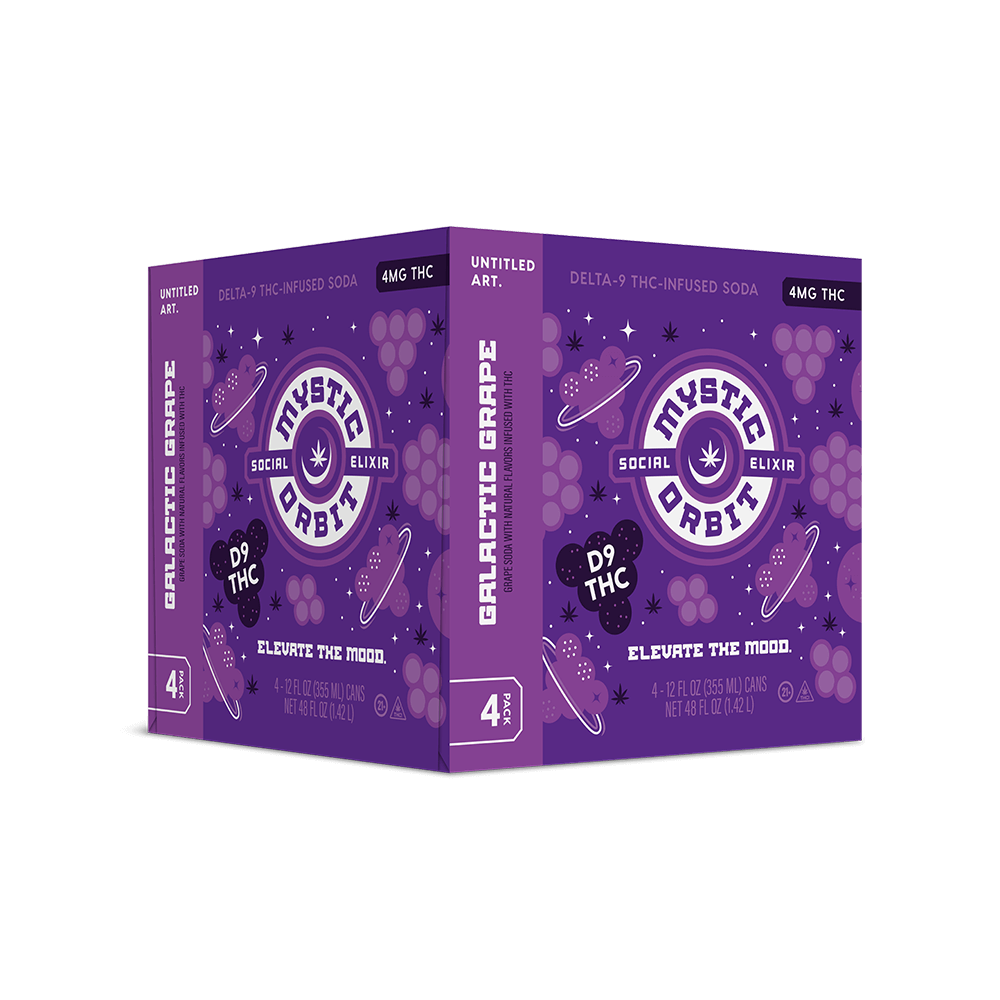 A 4-pack carton of Untitled Art Mystic Orbit Galactic Grape D9 THC Soda