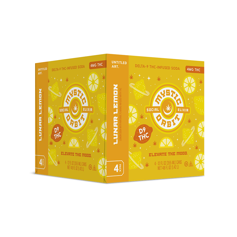 A 4-pack carton of Untitled Art Mystic Orbit Lunar Lemon D9 THC Soda