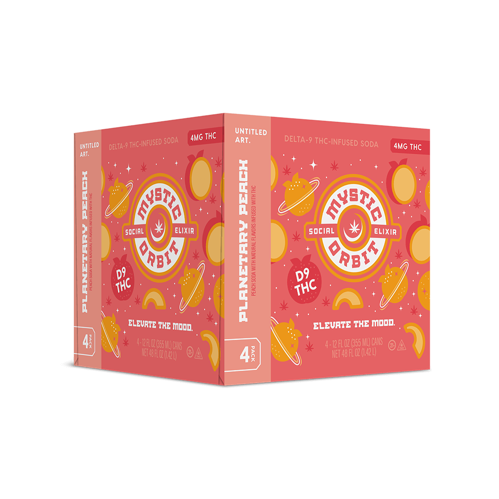 A 4-pack carton of Untitled Art Mystic Orbit Planetary Peach D9 THC Soda