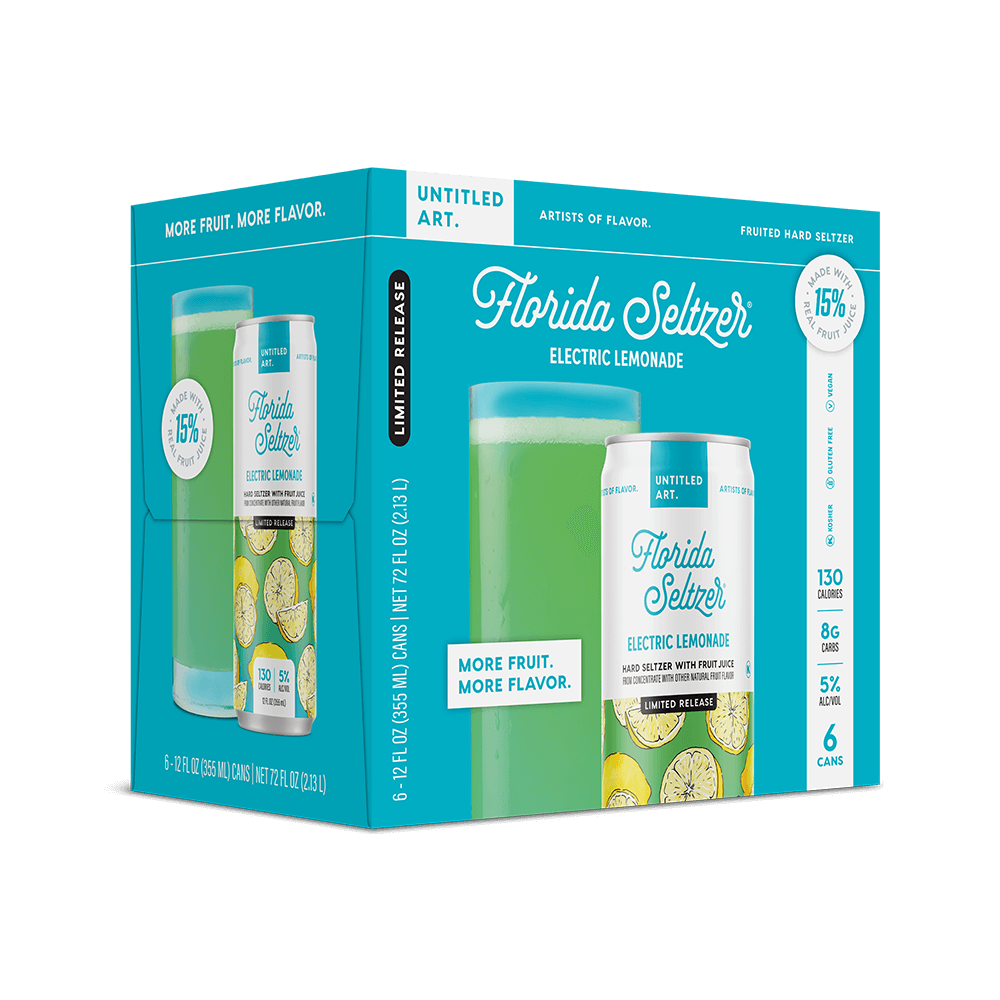 A 6-pack carton of Untitled Art Florida Seltzer Electric Lemonade Hard Seltzer