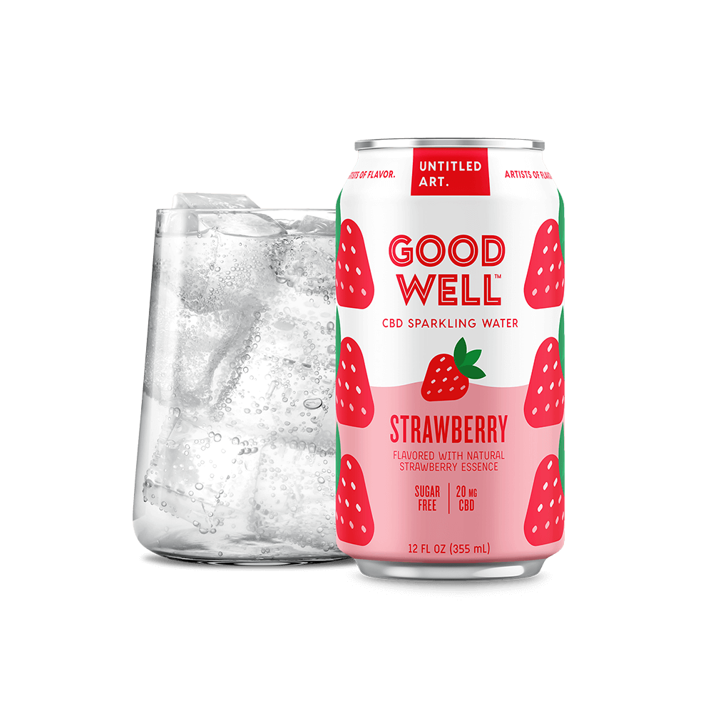 A can and glass of Untitled Art Goodwell Strawberry CBD Sparkling Water