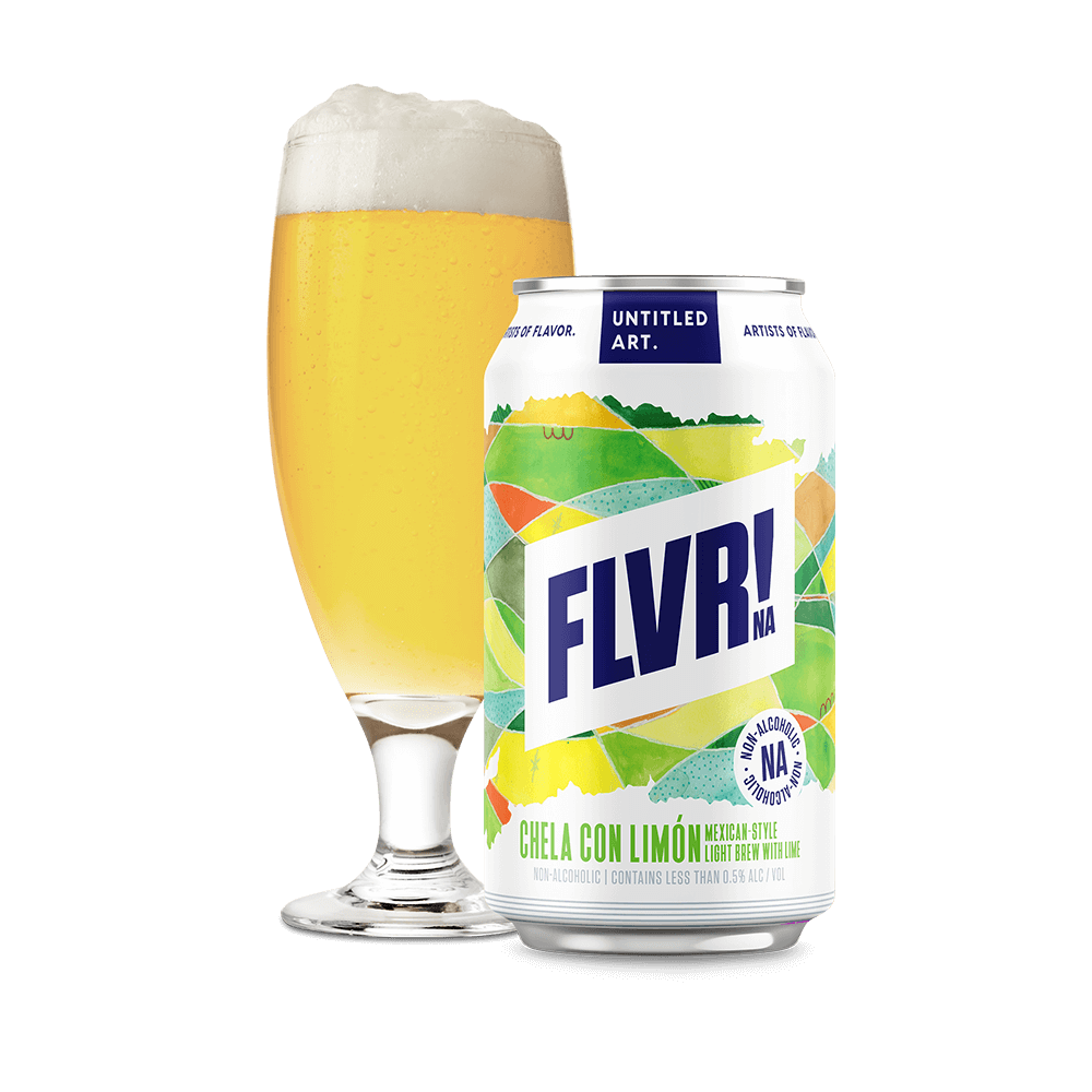 A can of Untitled Art FLVR! NA Chela Con Limon NA beer in front of a glass filled with the beer.